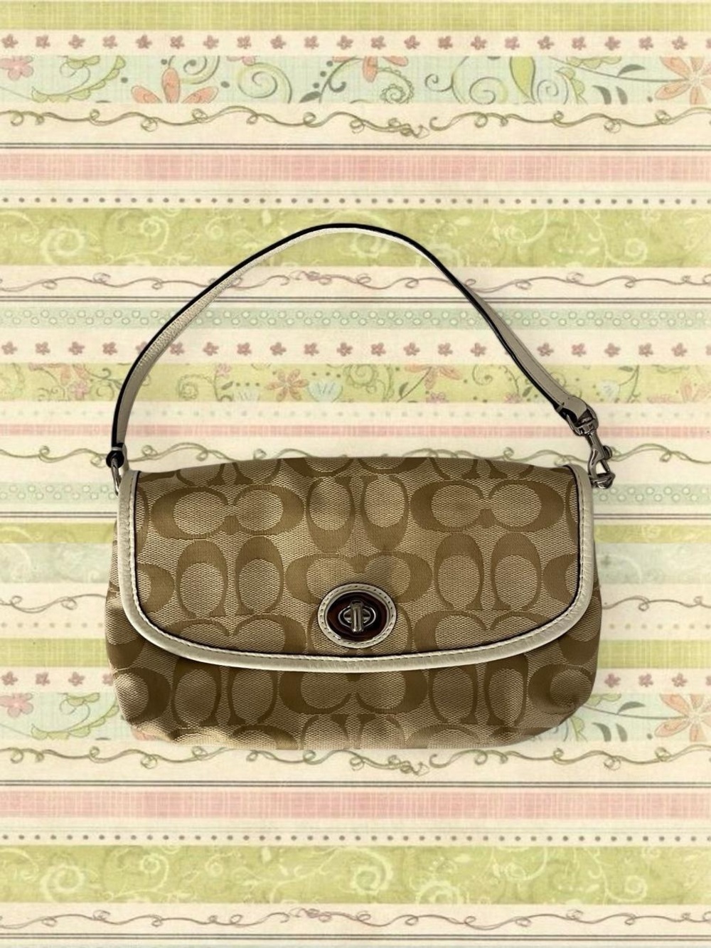Coach Khaki Signature Canvas Turnlock Shoulder Bag with Cream Trim